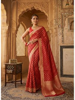 Anjaneya Sarees - Red Designer Banarasi Silk Kanjivaram Solid Saree with Unstitched Blouse