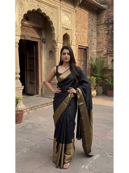 Anjaneya Sarees - Black Designer Banarasi Silk Kanjivaram Solid Saree with Unstitched Blouse