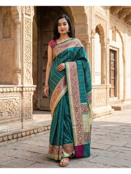 Anjaneya Sarees - Teal Designer Banarasi Silk Kanjivaram Solid Saree with Unstitched Blouse