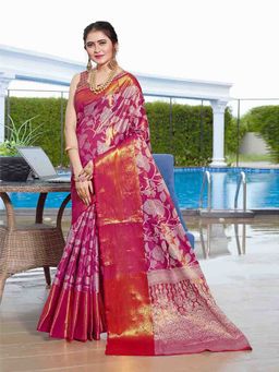 JUST FASHION - Pink Woven Design Banarasi Art Silk Saree with Unstitched Blouse