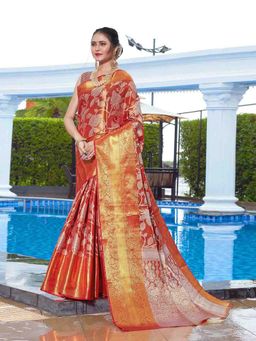 JUST FASHION - Red Woven Design Banarasi Art Silk Saree with Unstitched Blouse