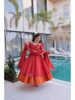 Banjara India - Red Faux Blooming with Embroidery Anarkali Kurta with Pant and Dupatta