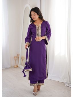 Banjara India - Purple Mirror Work Kurti with Pant and Batwa