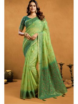 Mysilklove - Tealish Green Handloom Cotton Saree with Unstitched Blouse