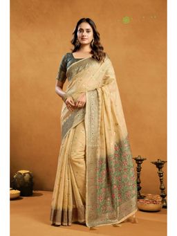 Mysilklove - Vibrant Cream Handloom Cotton Saree with Unstitched Blouse