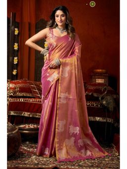 Mysilklove - Brick Pink Handloom Tissue Saree with Unstitched Blouse