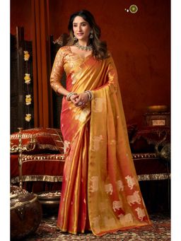 Mysilklove - Vivid Orange Handloom Tissue Saree with Unstitched Blouse