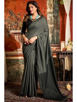 Mysilklove - Battleship Grey Handloom Mul Mul Cotton Saree with Unstitched Blouse