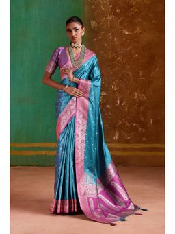 Mysilklove - Font Blue Handloom Satin Silk Saree with Unstitched Blouse