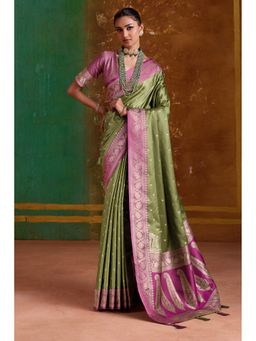 Mysilklove - Luster Green Handloom Satin Silk Saree with Unstitched Blouse