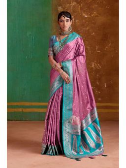 Mysilklove - Pink Handloom Satin Silk Saree with Unstitched Blouse
