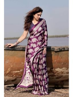 Mysilklove - Purple Ajrakh Printed Satin Crepe Silk Saree with Unstitched Blouse