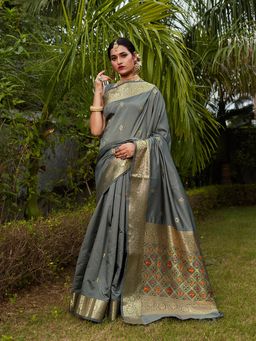 JUST FASHION - Grey Woven Design Banarasi Art Silk Saree with Unstitched Blouse