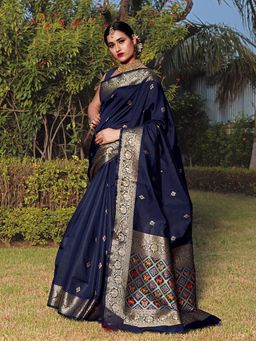 JUST FASHION - Navy Blue Woven Design Banarasi Art Silk Saree with Unstitched Blouse