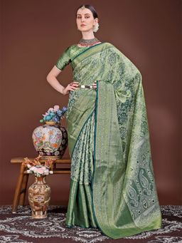 JUST FASHION - Olive Woven Design Banarasi Art Silk Saree with Unstitched Blouse