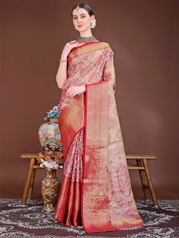JUST FASHION - Pink Woven Design Banarasi Art Silk Saree with Unstitched Blouse