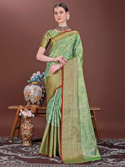 JUST FASHION - Green Woven Design Banarasi Art Silk Saree with Unstitched Blouse