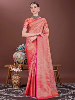 JUST FASHION - Pink Woven Design Banarasi Art Silk Saree with Unstitched Blouse