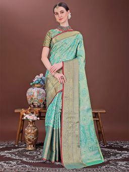 JUST FASHION - Turquoise Woven Design Banarasi Art Silk Saree with Unstitched Blouse