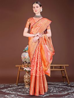 JUST FASHION - Red Woven Design Banarasi Art Silk Saree with Unstitched Blouse