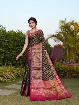 JUST FASHION - Black Woven Design Banarasi Art Silk Saree with Unstitched Blouse