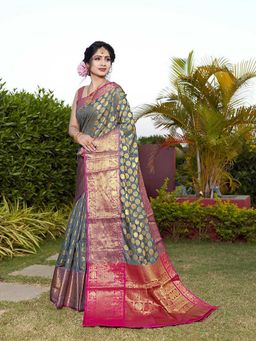 JUST FASHION - Grey Woven Design Banarasi Art Silk Saree with Unstitched Blouse
