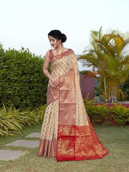 JUST FASHION - White Woven Design Banarasi Art Silk Saree with Unstitched Blouse