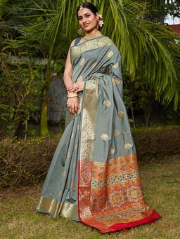 JUST FASHION - Grey Woven Design Banarasi Art Silk Saree with Unstitched Blouse