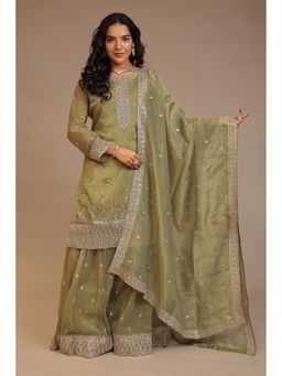 Zari Jaipur - Green Zari Jaipur Embroidered Kurta with Sharara and Dupatta