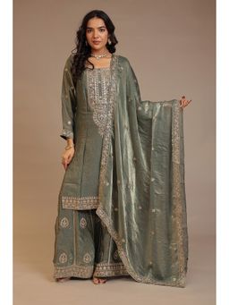 Zari Jaipur - Purple Zari Jaipur Embroidered Kurta with Palazzo and Dupatta