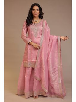 Zari Jaipur - Pink Zari Jaipur Embroidered Kurta with Palazzo and Dupatta