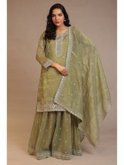 Zari Jaipur - Green Zari Jaipur Embroidered Kurta with Sharara and Dupatta