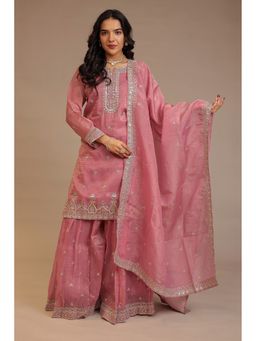 Zari Jaipur - Pink Zari Jaipur Embroidered Kurta with Palazzo and Dupatta