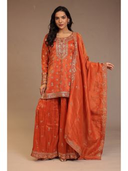 Zari Jaipur - Orange Zari Jaipur Embroidered Kurta with Palazzo and Dupatta