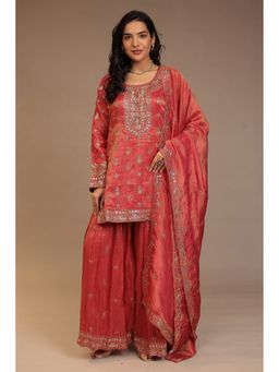 Zari Jaipur - Red Zari Jaipur Embroidered Kurta with Palazzo and Dupatta