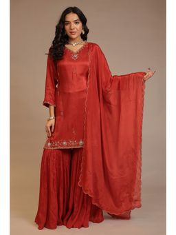 Zari Jaipur - Red Zari Jaipur Embroidered Kurta with Sharara and Dupatta