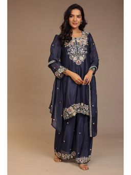 Zari Jaipur - Navy Blue Zari Jaipur Embroidered Kurta with Palazzo and Dupatta