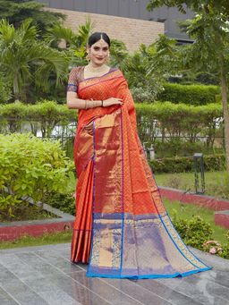 JUST FASHION - Red Woven Design Banarasi Art Silk Saree with Unstitched Blouse
