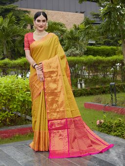 JUST FASHION - Yellow Woven Design Banarasi Art Silk Saree with Unstitched Blouse