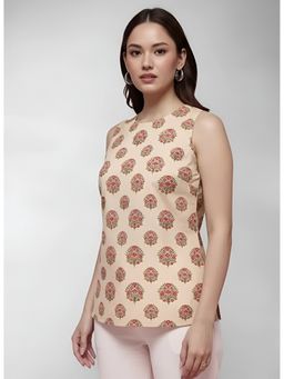 arangya - Cream Premium Pure Cambric Cotton Block Printed Top