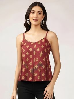 arangya - Maroon Premium Pure Cambric Cotton Printed Top
