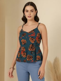 arangya - Teal Premium Pure Cambric Cotton Floral Printed Top