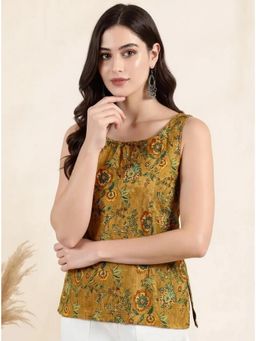 arangya - Elegant Mustard Floral Printed Cotton Blend Top