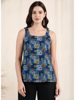 arangya - Elegant Blue Floral Printed Cotton Blend Top