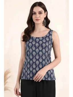 arangya - Elegant Navy Blue Paisley Printed Cotton Blend Top