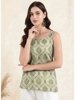 arangya - Elegant Green Block Printed Cotton Blend Top