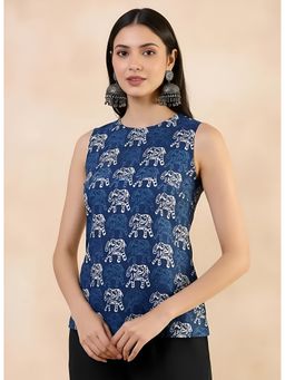 arangya - Blue Premium Pure Cambric Cotton Block Printed Top