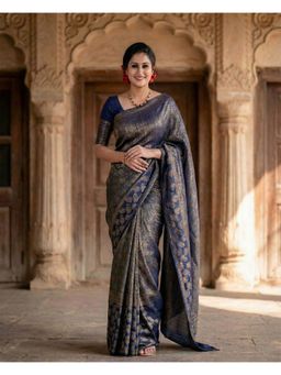 Anjaneya Sarees - Blue Designer Banarasi Silk Kanjivaram Solid Saree with Unstitched Blouse