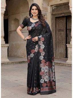 Anjaneya Sarees - Black Designer Banarasi Silk Kanjivaram Solid Saree with Unstitched Blouse