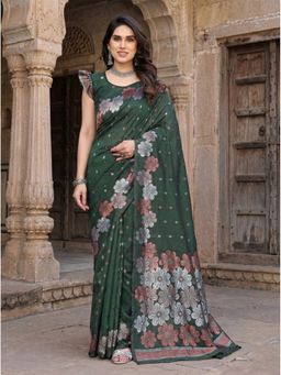 Anjaneya Sarees - Green Designer Banarasi Silk Kanjivaram Solid Saree with Unstitched Blouse